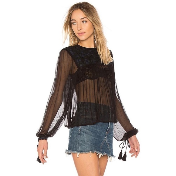 Free People Retro Femme Blouse Embroidered Beaded Black XS Sheer - Picture 2 of 14